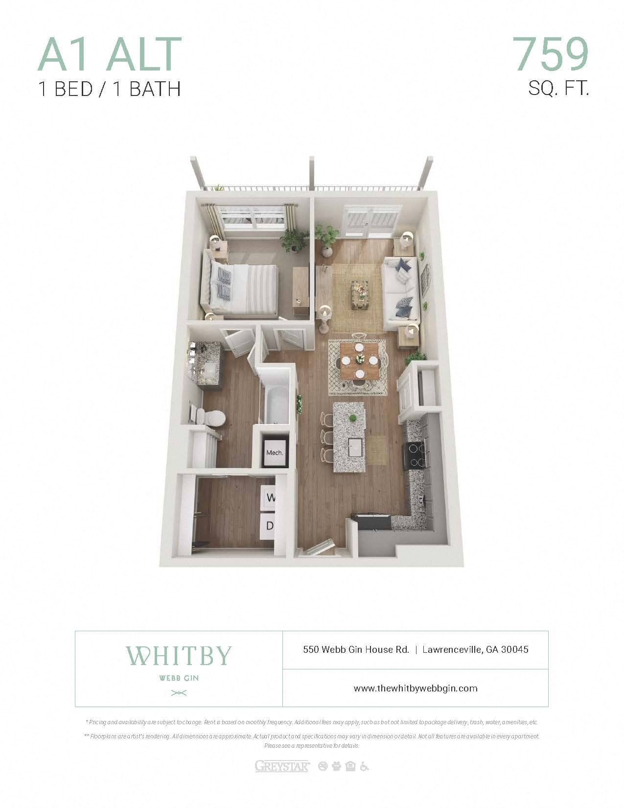 Floor plan for 1 bed, 1 bath, 759 sqft